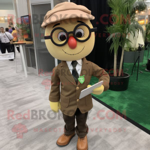 Tan Apple mascot costume character dressed with a Suit Jacket and Reading glasses