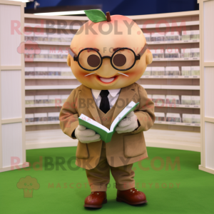 Tan Apple mascot costume character dressed with a Suit Jacket and Reading glasses