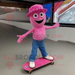 Pink Skateboard mascot costume character dressed with a Bootcut Jeans and Suspenders