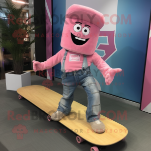 Pink Skateboard mascot costume character dressed with a Bootcut Jeans and Suspenders