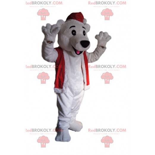 Maskotka niedźwiedź polarny w świątecznej czapce -