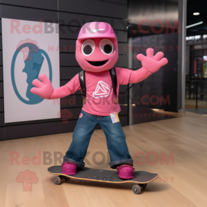 Pink Skateboard mascot costume character dressed with a Bootcut Jeans and Suspenders