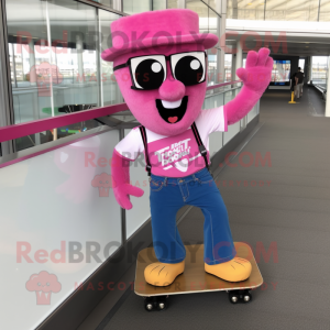 Pink Skateboard mascot costume character dressed with a Bootcut Jeans and Suspenders