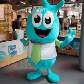Turquoise Miso Soup mascot costume character dressed with a V-Neck Tee and Earrings