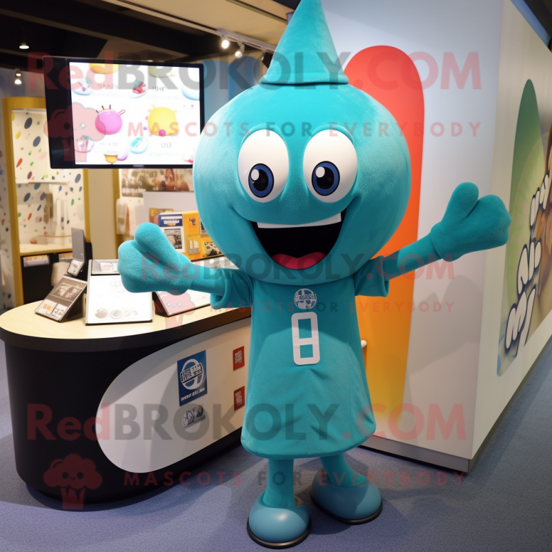 Turquoise Miso Soup mascot costume character dressed with a V-Neck Tee and Earrings Turquoise Miso Soup mascot costume character dressed with a V-Neck Tee and Earrings