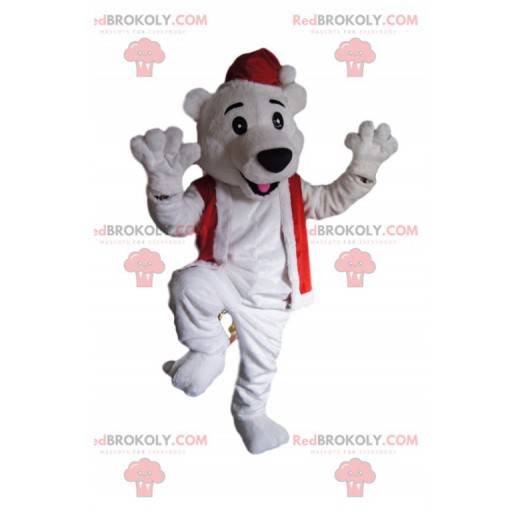 Mascota del oso polar con un sombrero de Navidad -
