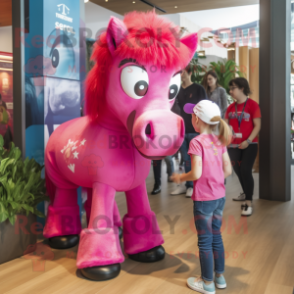 Magenta Horse mascot costume character dressed with a Denim Shorts and Watches