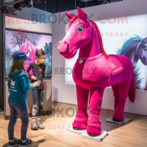 Magenta Horse mascot costume character dressed with a Denim Shorts and Watches