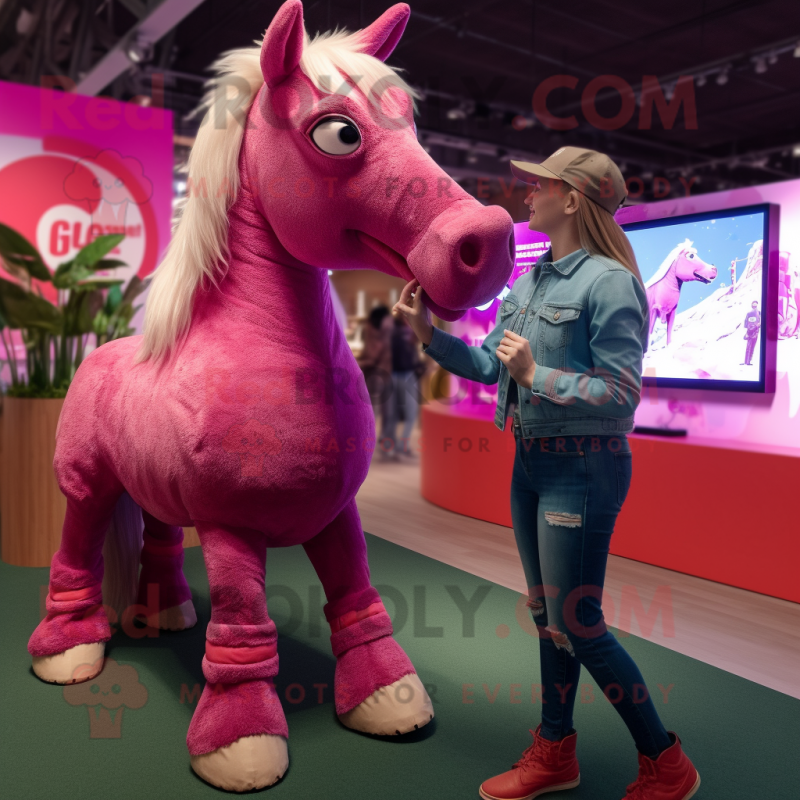 Magenta Horse mascot costume character dressed with a Denim Shorts and Watches