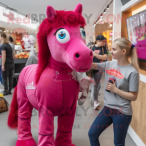 Magenta Horse mascot costume character dressed with a Denim Shorts and Watches