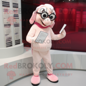 Cream Pink mascot costume character dressed with a Rash Guard and Reading glasses