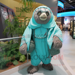 Turquoise Giant Sloth mascot costume character dressed with a Cover-up and Backpacks