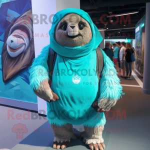 Turquoise Giant Sloth mascot costume character dressed with a Cover-up and Backpacks