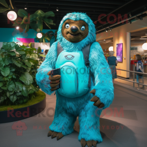 Turquoise Giant Sloth mascot costume character dressed with a Cover-up and Backpacks