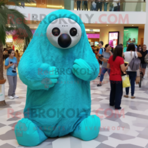 Turquoise Giant Sloth mascot costume character dressed with a Cover-up and Backpacks