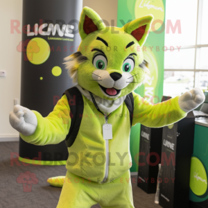 Lime Green Lynx mascot costume character dressed with a Vest and Beanies