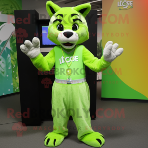Lime Green Lynx mascot costume character dressed with a Vest and Beanies