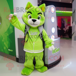 Lime Green Lynx mascot costume character dressed with a Vest and Beanies