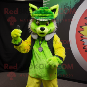 Lime Green Lynx mascot costume character dressed with a Vest and Beanies