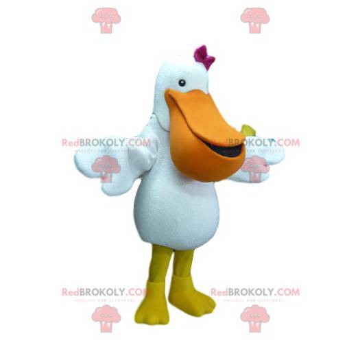 Mycket söt pelikanmaskot med en fuchsiafluga - Redbrokoly.com