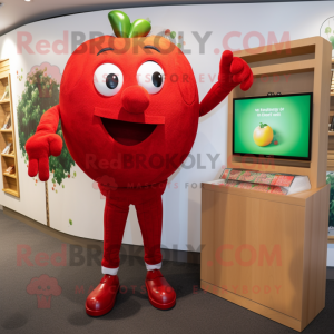 Red Apple mascot costume character dressed with a Chinos and Cufflinks