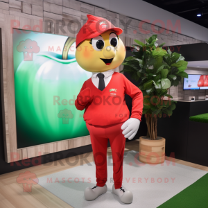 Red Apple mascot costume character dressed with a Chinos and Cufflinks