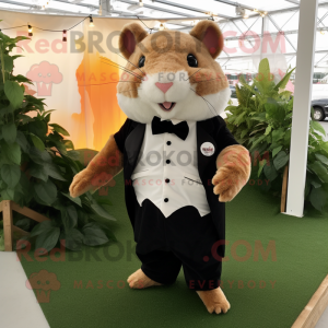 Rust Hamster mascot costume character dressed with a Tuxedo and Shoe clips