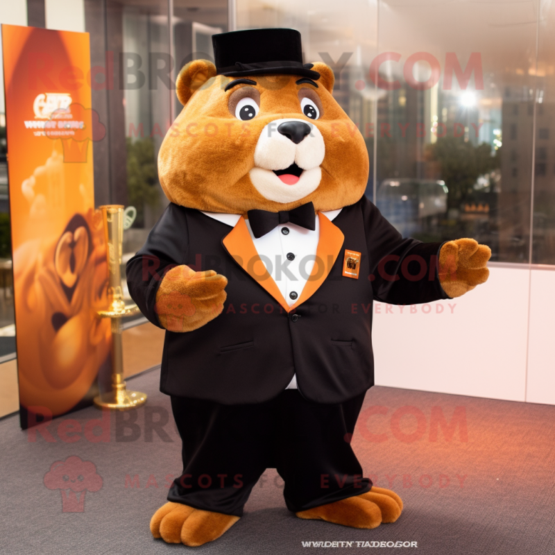 Rust Hamster mascot costume character dressed with a Tuxedo and Shoe clips