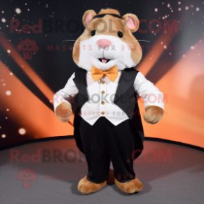 Rust Hamster mascot costume character dressed with a Tuxedo and Shoe clips