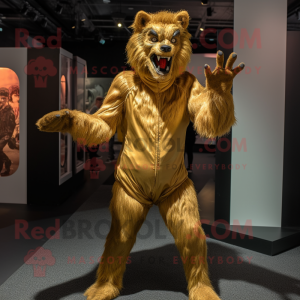 Gold Werewolf mascot costume character dressed with a Bodysuit and Shoe clips