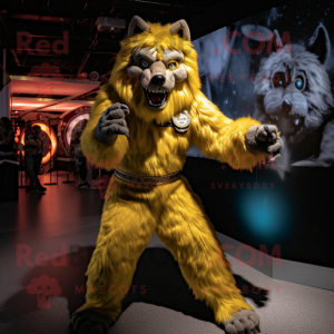 Gold Werewolf mascot costume character dressed with a Bodysuit and Shoe clips