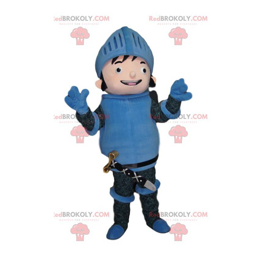 Mascotte van de gelukkige ridder in blauw pantser -