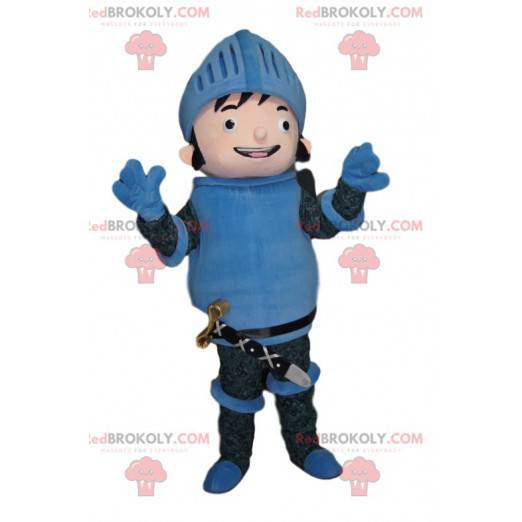 Glückliches Rittermaskottchen in blauer Rüstung - Redbrokoly.com