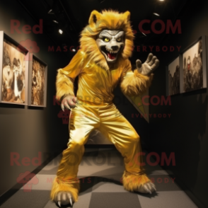 Gold Werewolf mascot costume character dressed with a Bodysuit and Shoe clips