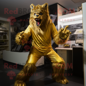 Gold Werewolf mascot costume character dressed with a Bodysuit and Shoe clips