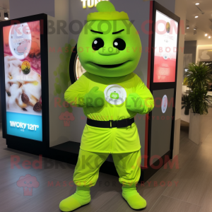 Lime Green Dim Sum mascot costume character dressed with a Joggers and Smartwatches