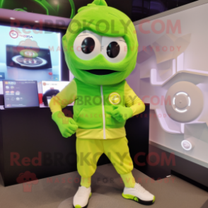Lime Green Dim Sum mascot costume character dressed with a Joggers and Smartwatches