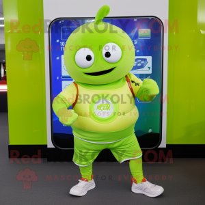 Lime Green Dim Sum mascot costume character dressed with a Joggers and Smartwatches