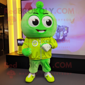 Lime Green Dim Sum mascot costume character dressed with a Joggers and Smartwatches