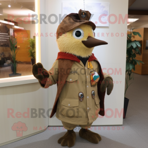Brown Woodpecker mascot costume character dressed with a Parka and Brooches