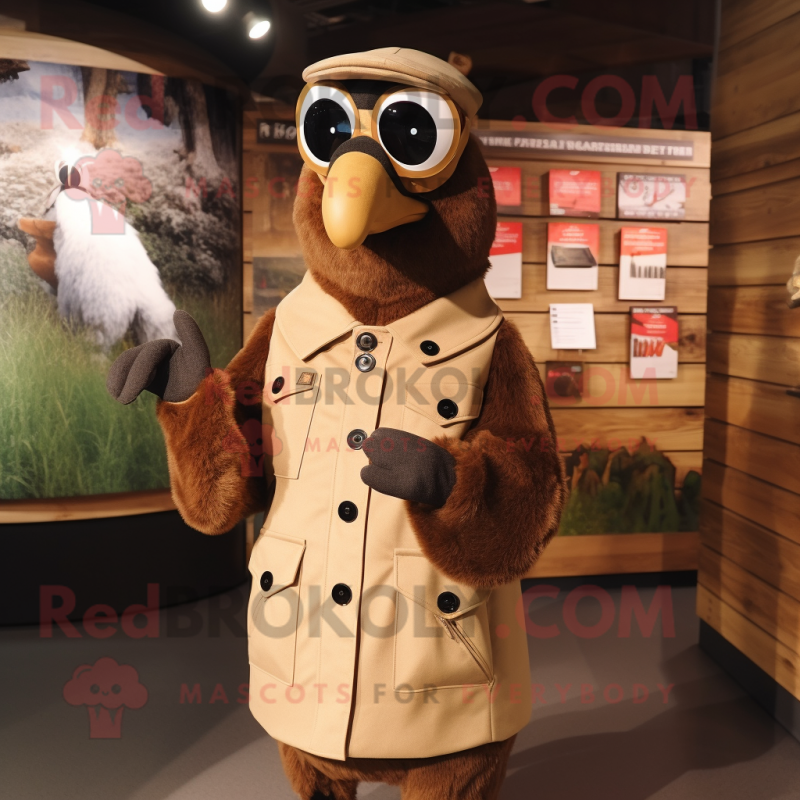 Brown Woodpecker mascot costume character dressed with a Parka and Brooches Brown Woodpecker mascot costume character dressed with a Parka and Brooches