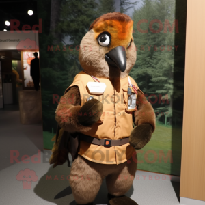 Brown Woodpecker mascot costume character dressed with a Parka and Brooches