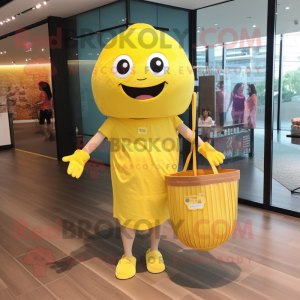 Yellow Dim Sum mascot costume character dressed with a One-Piece Swimsuit and Tote bags