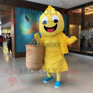 Yellow Dim Sum mascot costume character dressed with a One-Piece Swimsuit and Tote bags