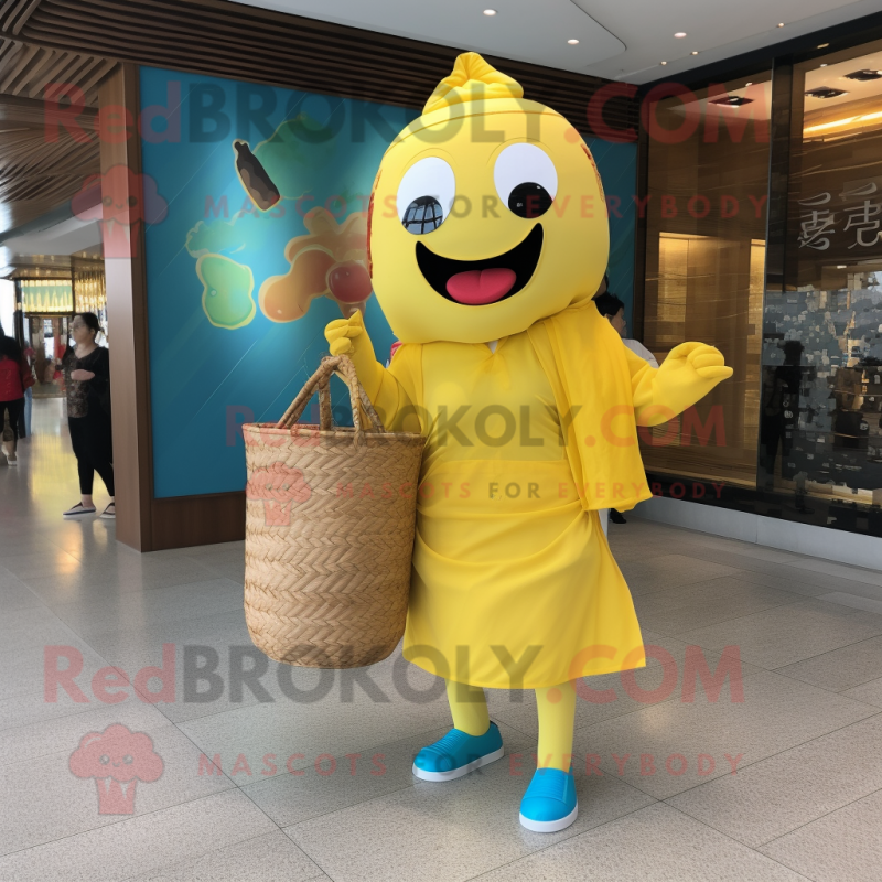 Yellow Dim Sum mascot costume character dressed with a One-Piece Swimsuit and Tote bags Yellow Dim Sum mascot costume character dressed with a One-Piece Swimsuit and Tote bags
