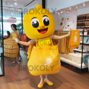 Yellow Dim Sum mascot costume character dressed with a One-Piece Swimsuit and Tote bags