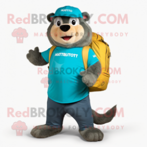 Turquoise Marmot mascot costume character dressed with a Jeans and Backpacks