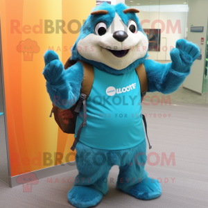 Turquoise Marmot mascot costume character dressed with a Jeans and Backpacks