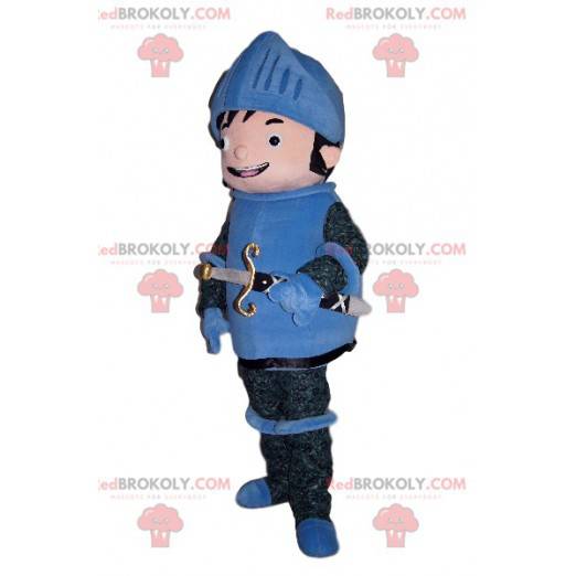Mascotte van de gelukkige ridder in blauw pantser -
