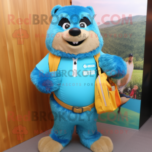 Turquoise Marmot mascot costume character dressed with a Jeans and Backpacks